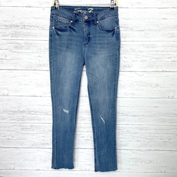 Seven7 Women's Jeans High Rise Slim Straight Leg Distressed Medium Wash size 4 - Picture 1 of 8